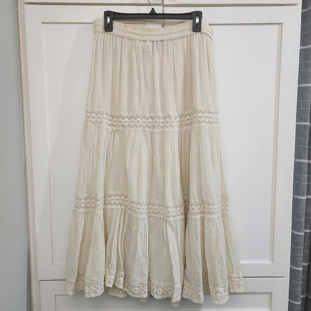 Vintage L Cotton Lace Tiered Maxi Skirt Boho Coquette Peasant Ren Faire Prairie - Picture 6 of 10